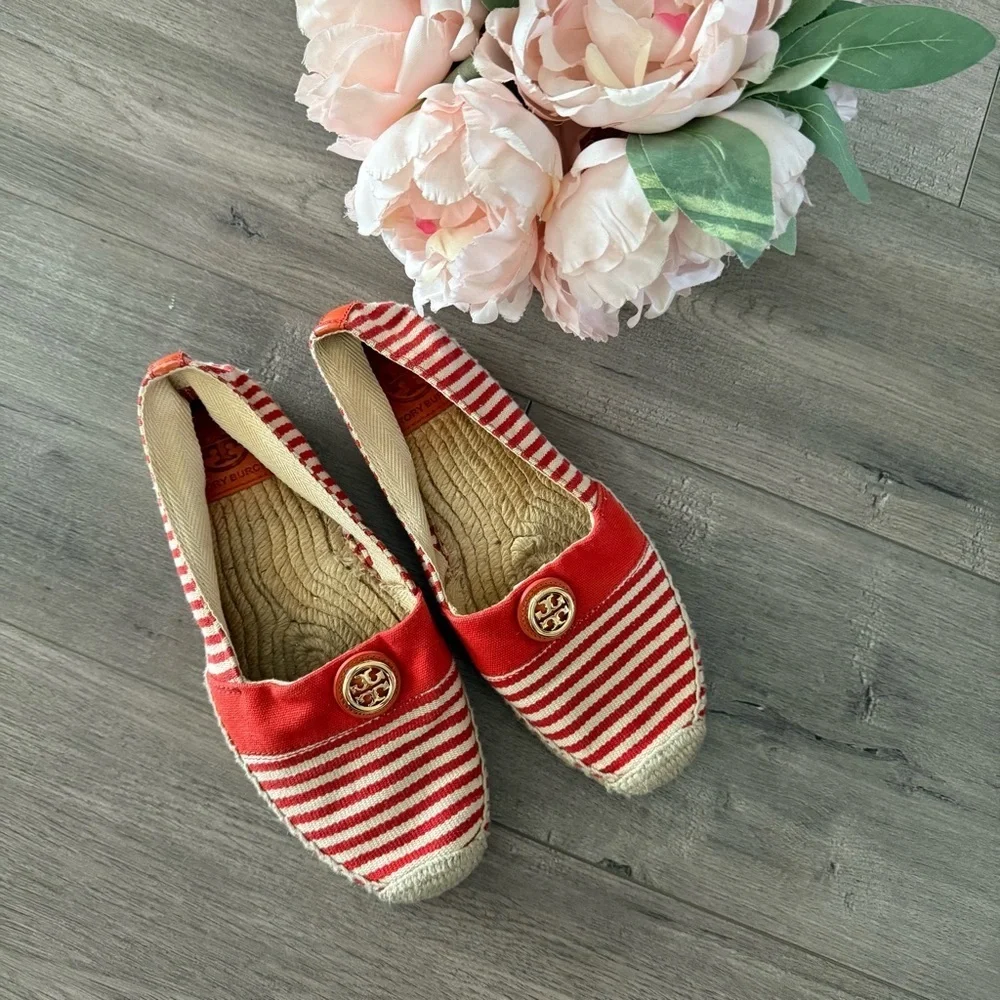 Tory Burch‎ Red Orange Striped Linen Slide On Espadrilles